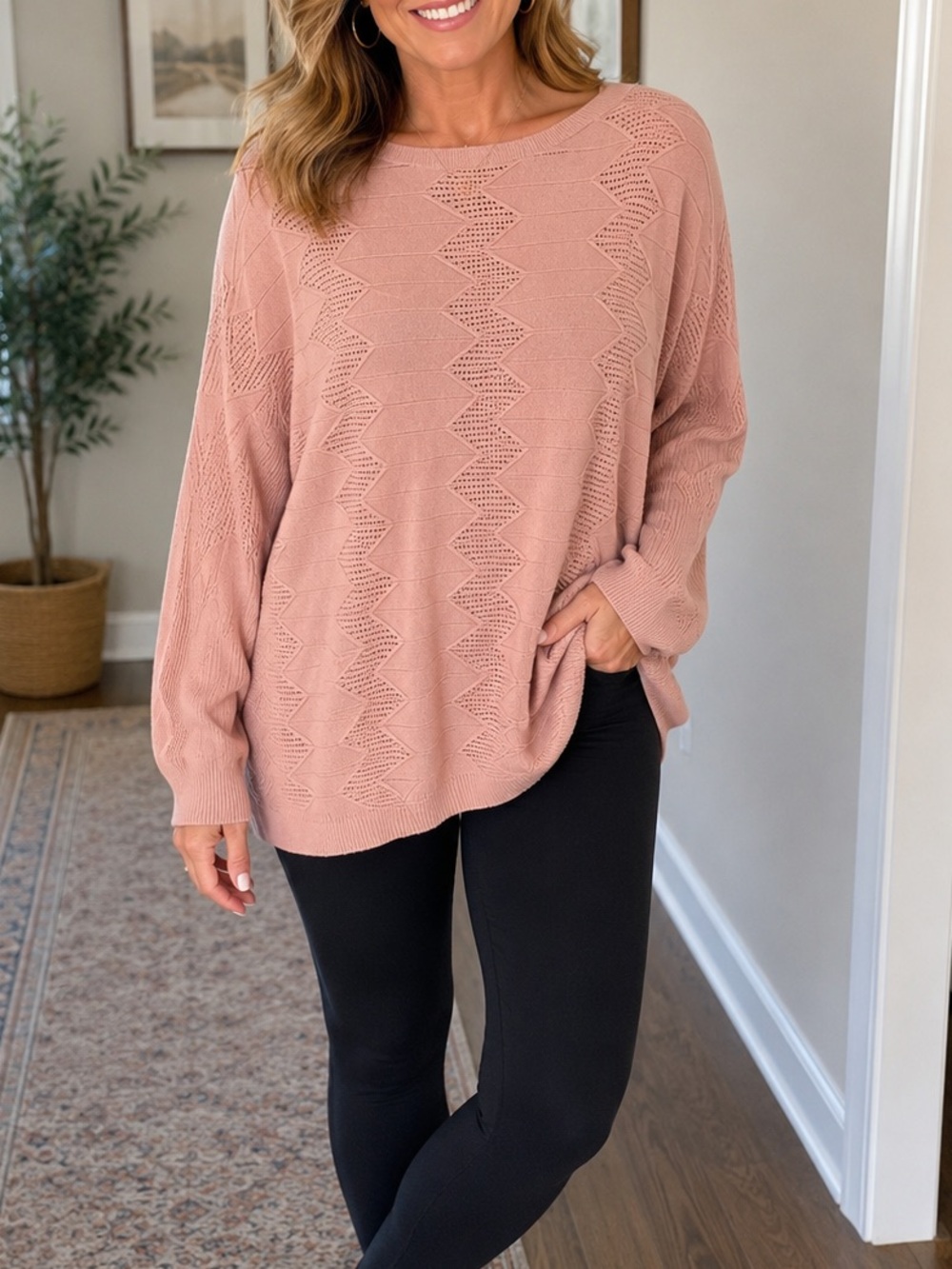 Vila Milano Pink Textured Knit Sweater Large Geometric Stitch Long Sleeve